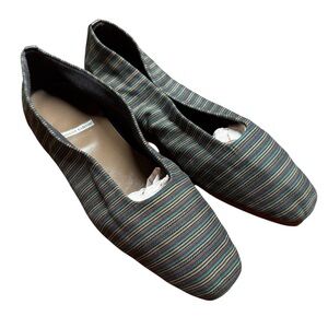 Fausto Santini Striped Ballet Flats 37.5 US 7 Square Toe Fabric Leather Italy